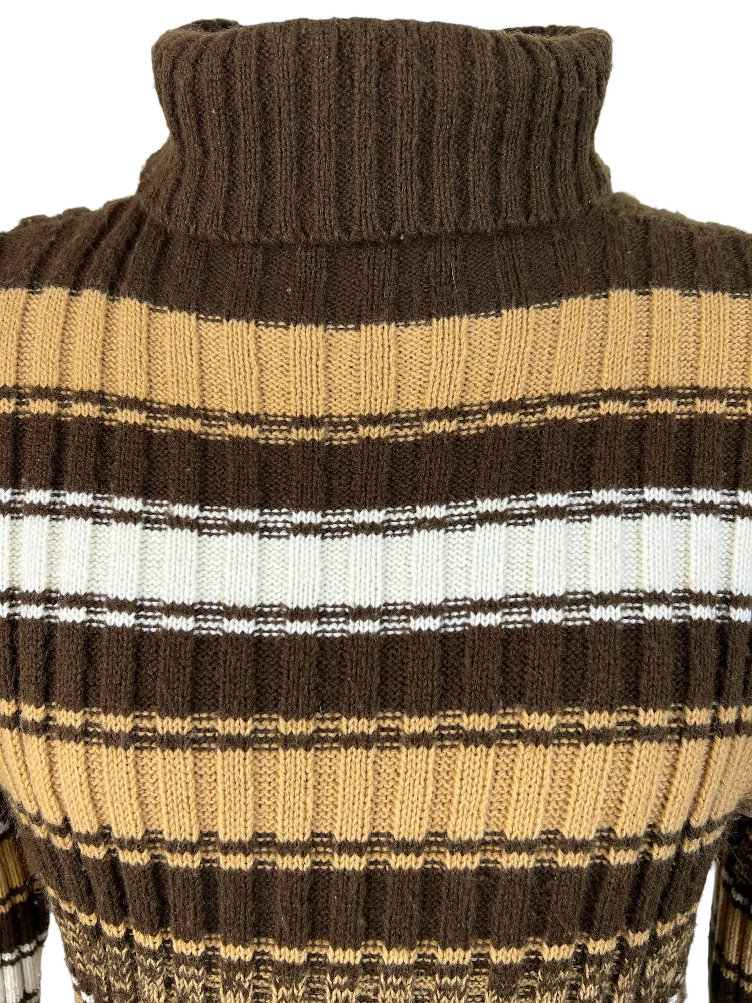 Vintage 1970s Striped Rib Knit Roll Neck Jumper in Brown - Size M