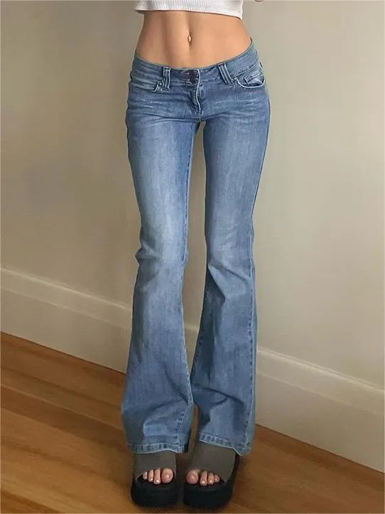 Wenkouban 90s blue low waist flared trousers with washed effect
