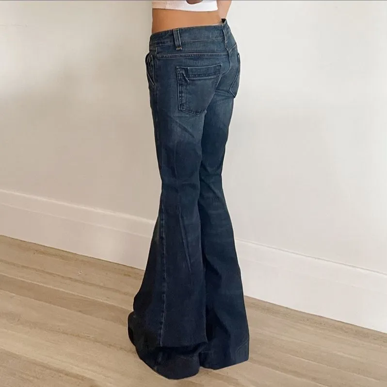 Wenkouban 90s blue low waist flared trousers with washed effect