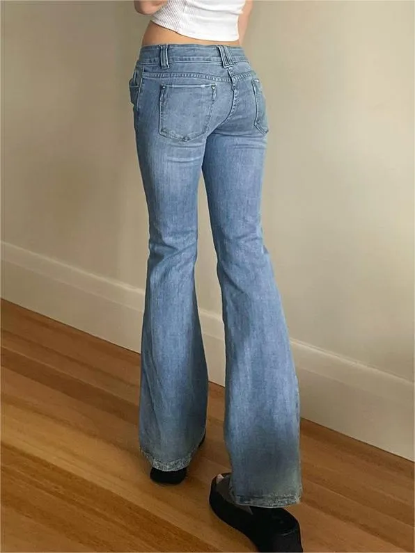 Wenkouban 90s blue low waist flared trousers with washed effect