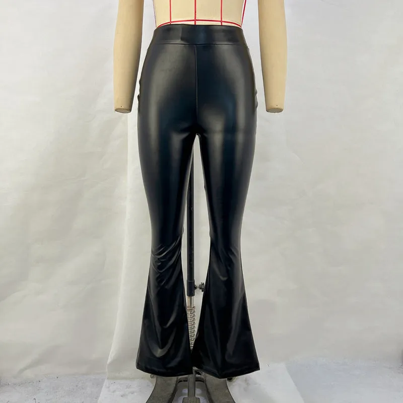 Wenkouban fall outfits Fall Women's Street Style Women's 2024 Winter New High Waist Light PU Leather Pants Trousers Black Glossy Flared Trousers Women's Pants