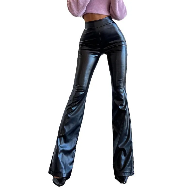 Wenkouban fall outfits Fall Women's Street Style Women's 2024 Winter New High Waist Light PU Leather Pants Trousers Black Glossy Flared Trousers Women's Pants