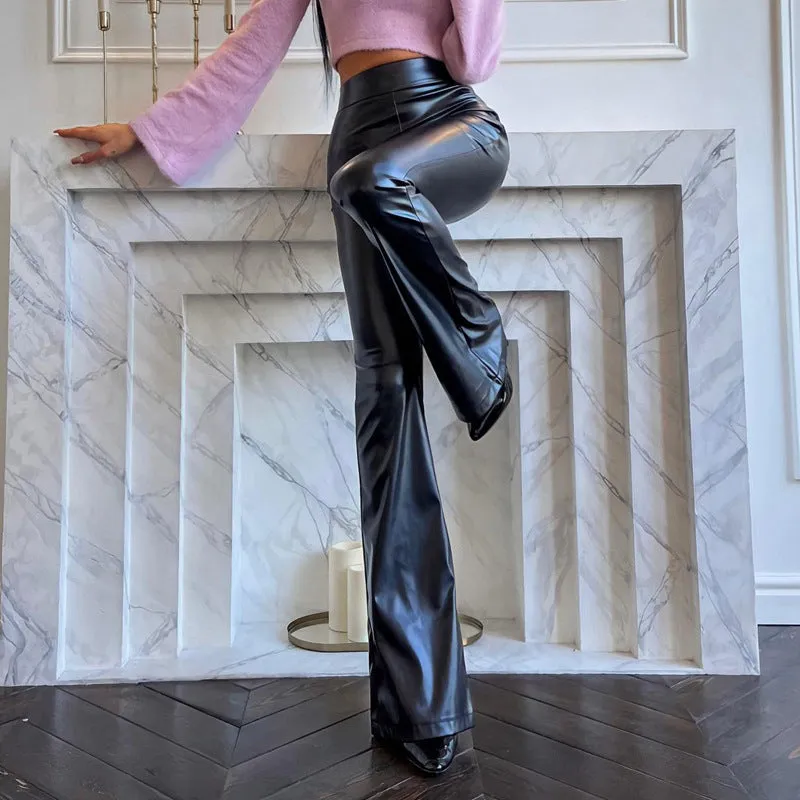 Wenkouban fall outfits Fall Women's Street Style Women's 2024 Winter New High Waist Light PU Leather Pants Trousers Black Glossy Flared Trousers Women's Pants