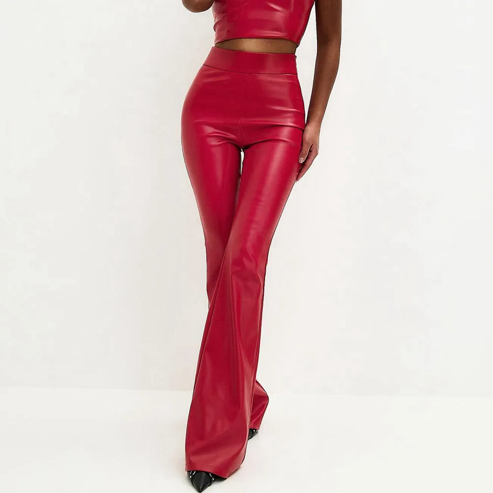 Wenkouban fall outfits Fall Women's Street Style Women's 2024 Winter New High Waist Light PU Leather Pants Trousers Black Glossy Flared Trousers Women's Pants