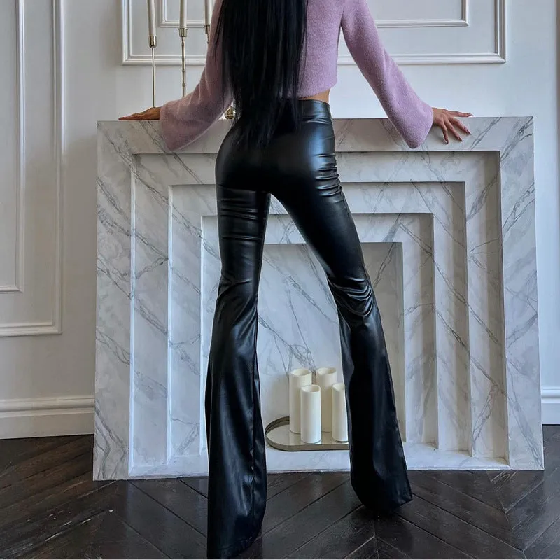 Wenkouban fall outfits Fall Women's Street Style Women's 2024 Winter New High Waist Light PU Leather Pants Trousers Black Glossy Flared Trousers Women's Pants