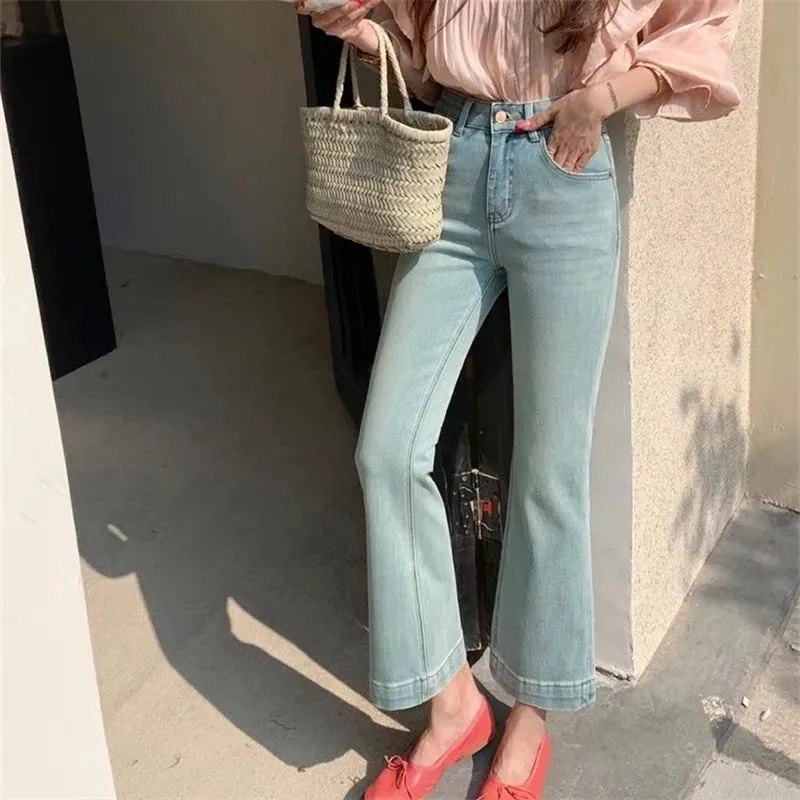 Wenkouban Women's Wide Edged Micro Flared Jeans Young Girl ankle-length Denim Trousers Vintage Bottoms Female High Waisted Cropped Pants