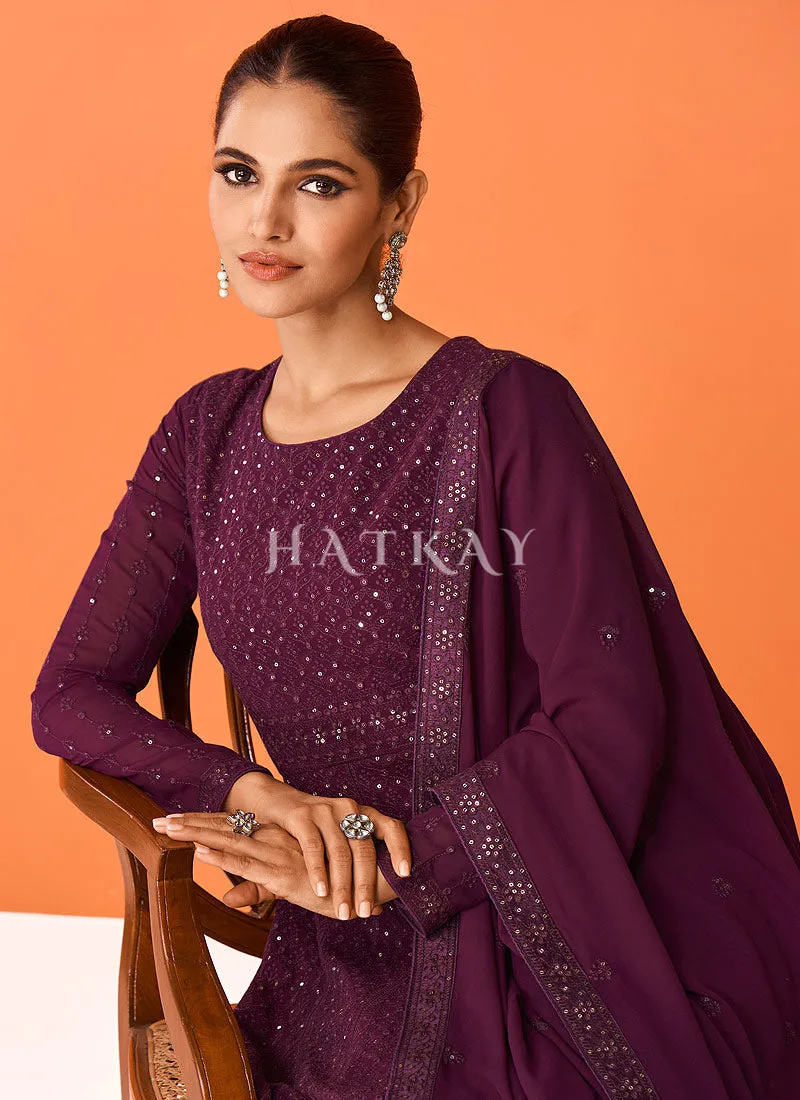 Wine Mirror Work Embroidered Party Wear Anarkali Suit