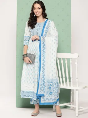 Women Ethnic Printed Regular Sequined Cotton Kurta With Trousers & Dupatta