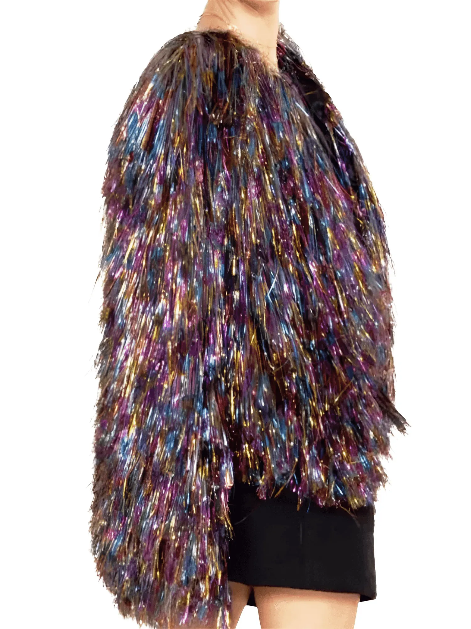 Women's Sparkly Fur Jacket Long Sleeve Tiered Coat