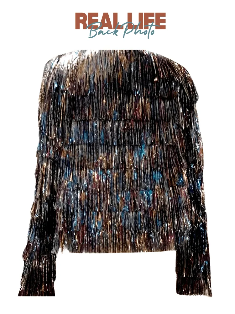 Women's Sparkly Fur Jacket Long Sleeve Tiered Coat