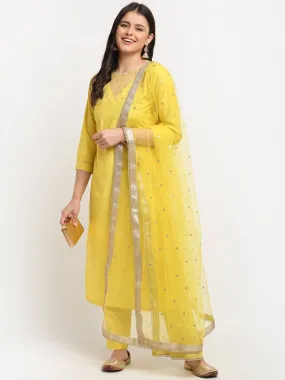 Yellow  Straight Kurti Pants Suit Set with Dupatta